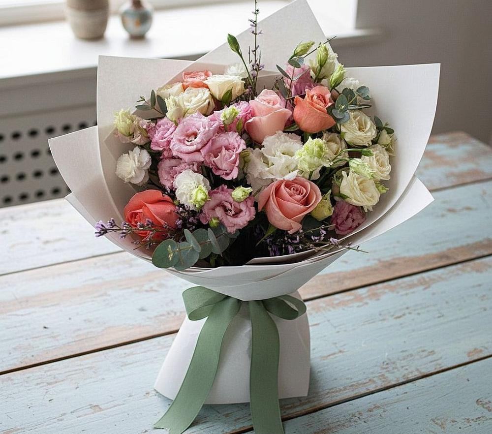 Букет цветов из: Розы, Лизиантусы и Гвоздики в Нижнесортымском