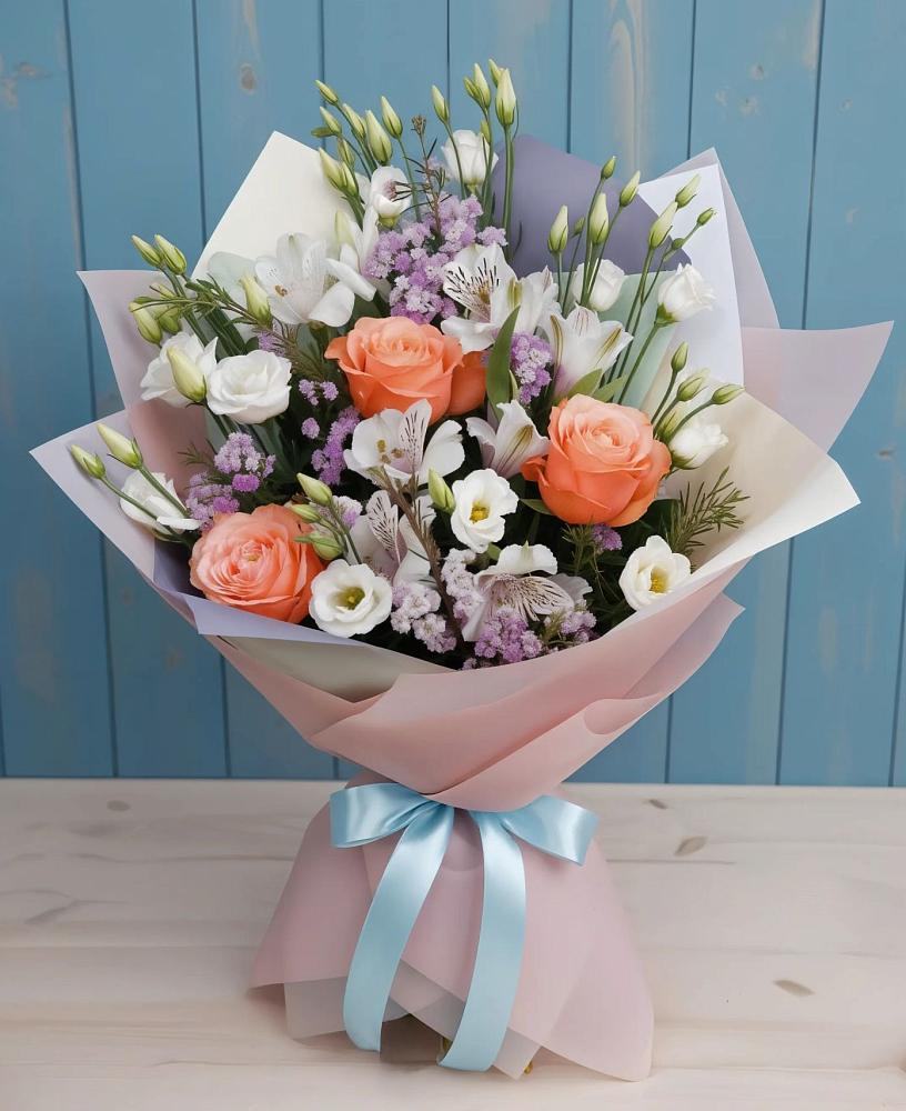 Букет цветов из: Лизиантусы, Розы, Альстромерии и Гипсофила в Нижнесортымском