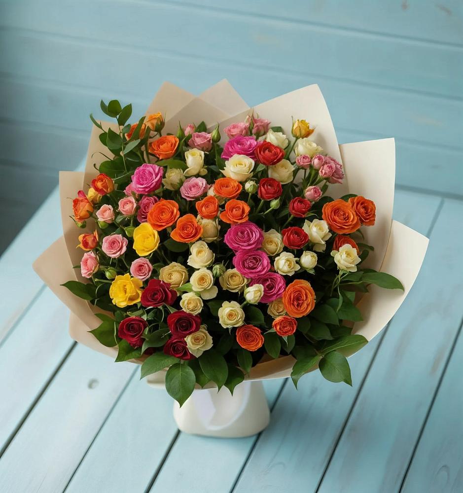Букет Микс из разноцветных кустовых роз в Нижнесортымском